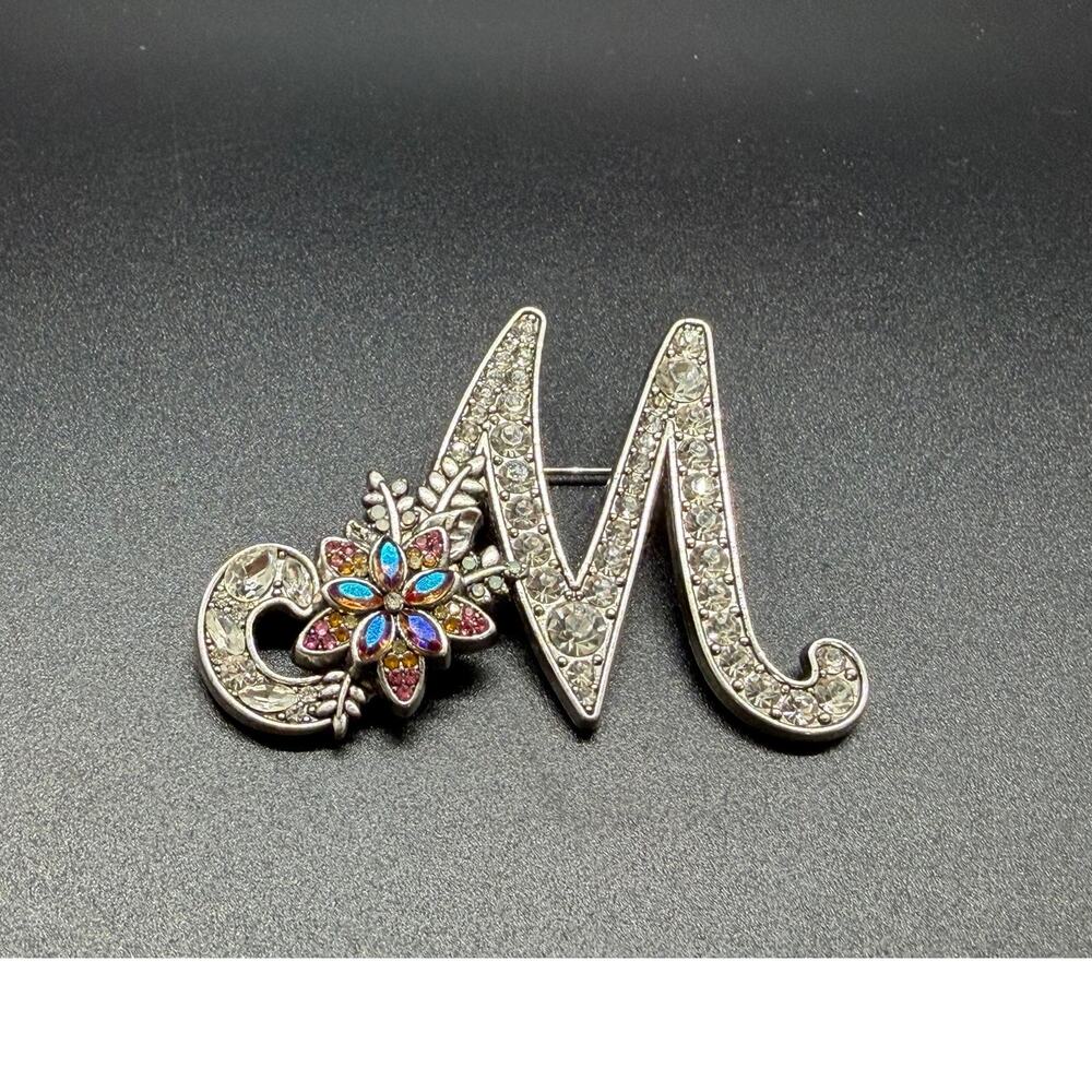 Vintage Silver Tone Script Initial M Brooch Clear & Pink